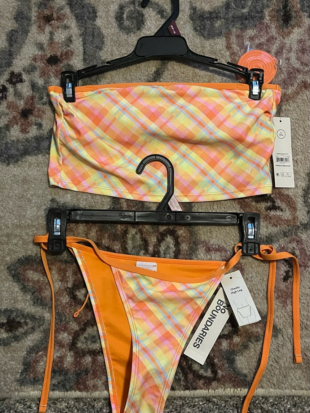 No Boundaries Orange Plaid Bandeau/Tankini Bikini Set